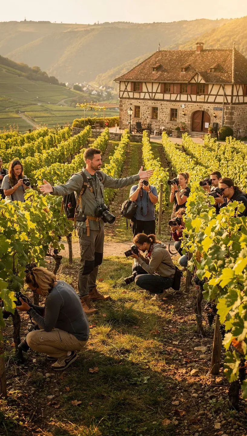 Panoramablick auf eine weitläufige deutsche Heidelandschaft mit blühenden Pflanzen.