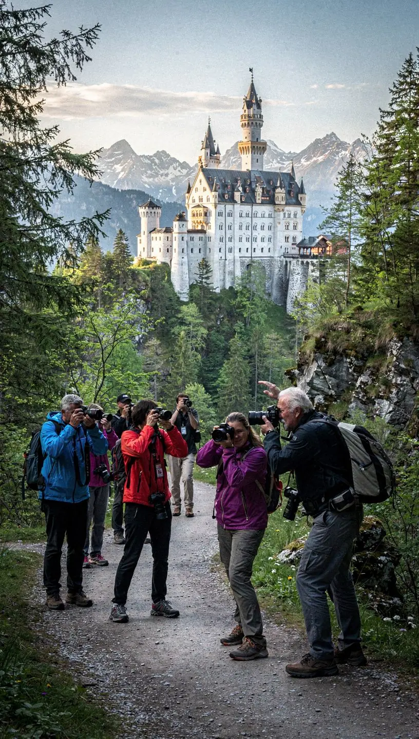 Workshop-Leiter erklärt die Kompositionstechniken zur Naturfotografie an einem Flussufer.