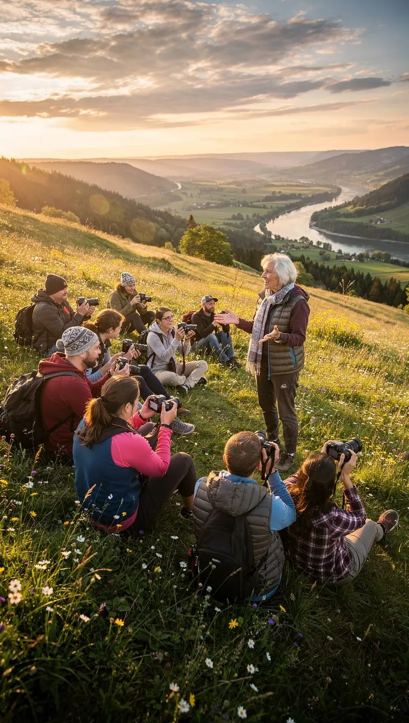 Gruppe von Naturfotografen, die gemeinsam am Lagerfeuer ihre Bilder sichten und besprechen.