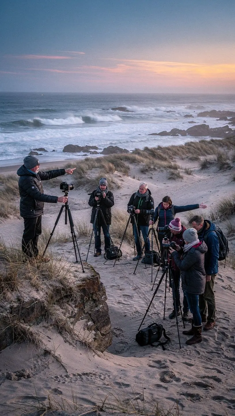 Fotografen beim Workshop im Wald, die mit professioneller Kamera Naturmotive aufnehmen.